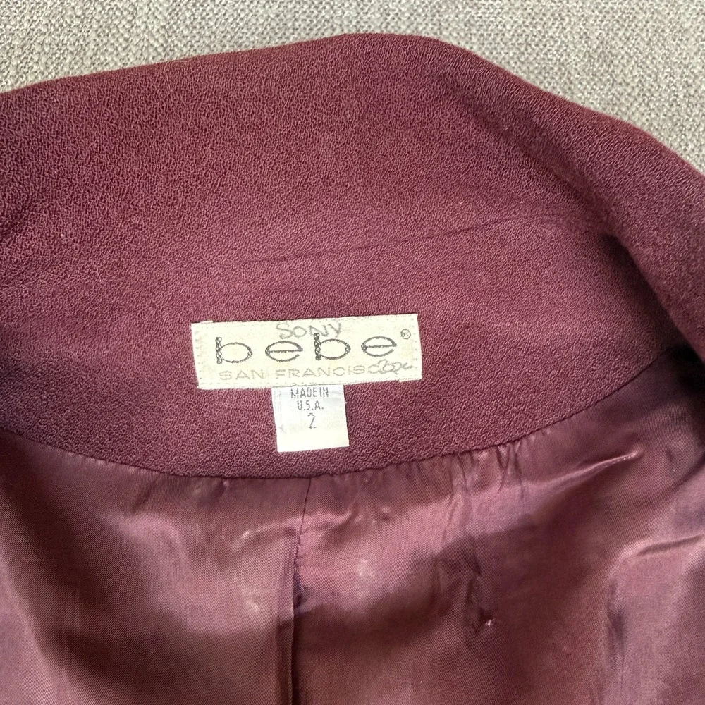Bebe Two-Piece Suit Set Blazer & Skirt Womens 2 Burgundy Wool Single Breasted
